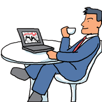 ノーパソを使いながらコーヒー飲んでいる男性画像